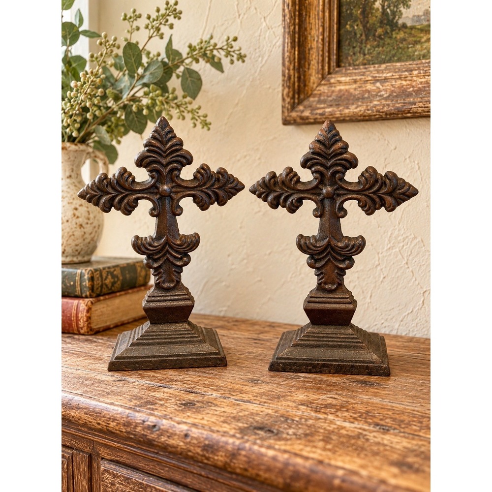 Pair Ornate Cast Iron Standing Crosses 10.5" Fleur de Lis Tabletop Decor